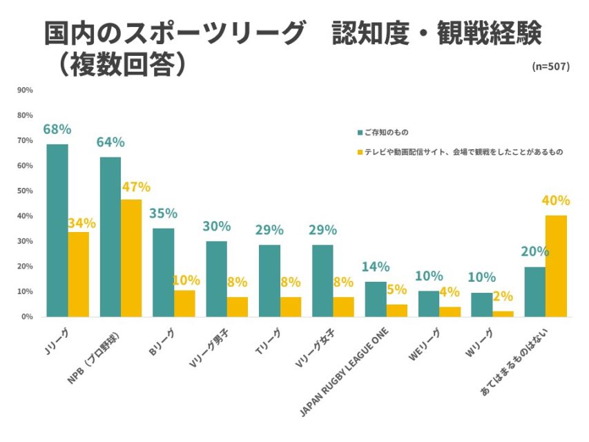 国内のスポーツリーグ 認知度・観戦経験